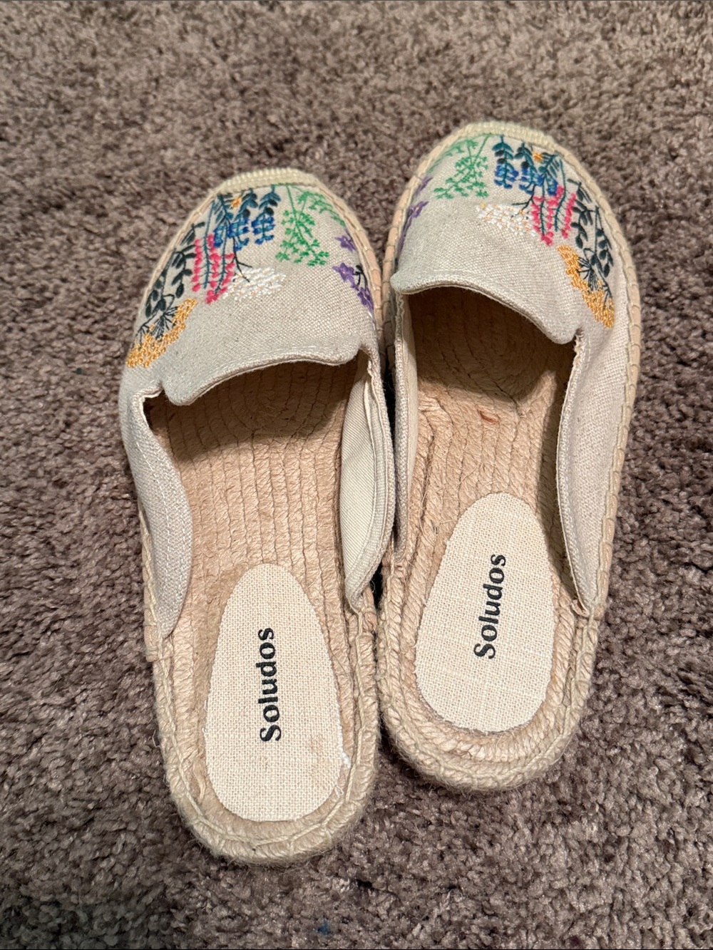 Soludos Beige Canvas Espadrille Mules with Multicolor Floral Embroidery